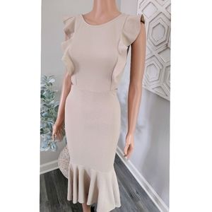 Petal + Pup Beige Cut Out Ruffle Sleeves Hi-Lo Bodycon Fishtail Midi Dress